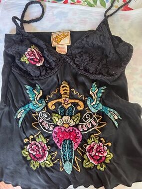 Soul Revival Black Embroidered Heart & Bird Lace Camisole